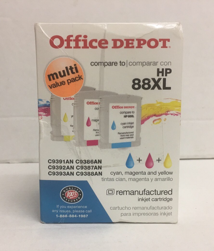 NEW OFFICE DEPOT MULTI VALUE PACK HP 88XL CYAN MAGENTA YELLOW INK CARTRIDGE 3 PK