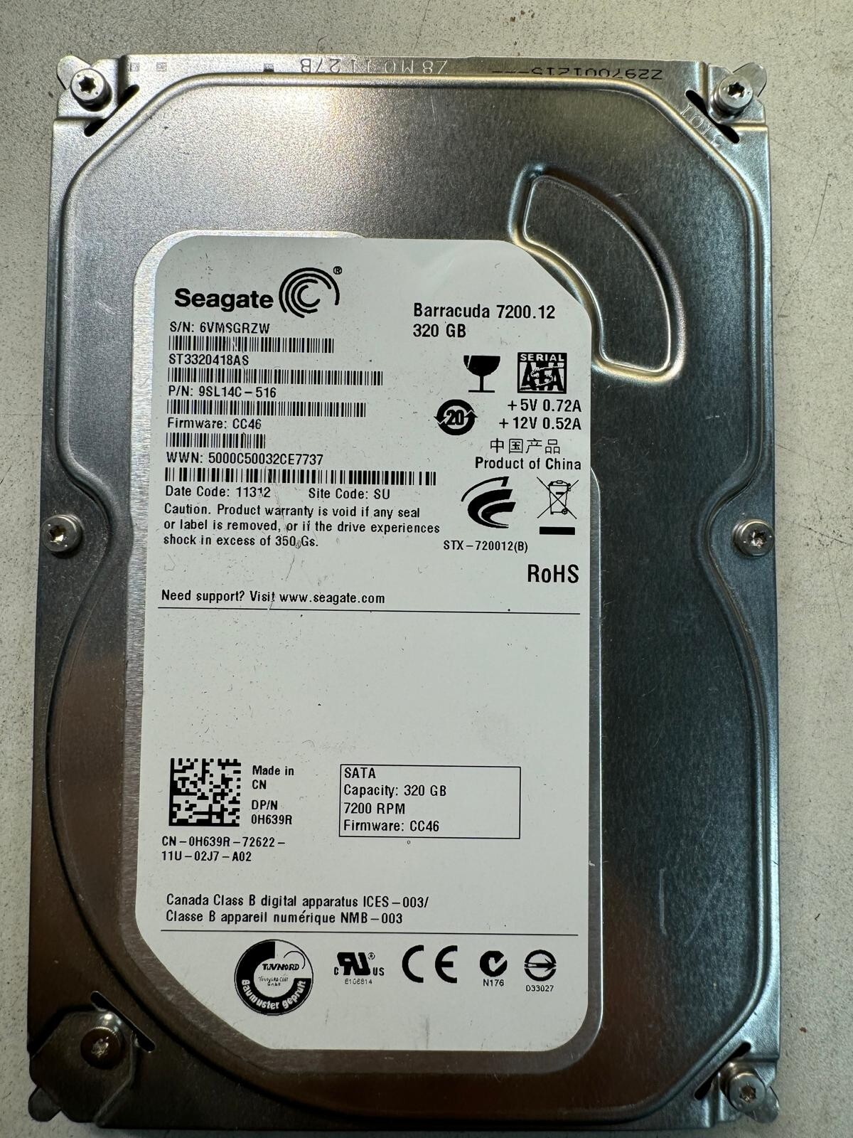 DELL H639R ST3320418AS 9SL14C-516 320GB Firmware CC46 Code 11312 SATA 3.5" HDD