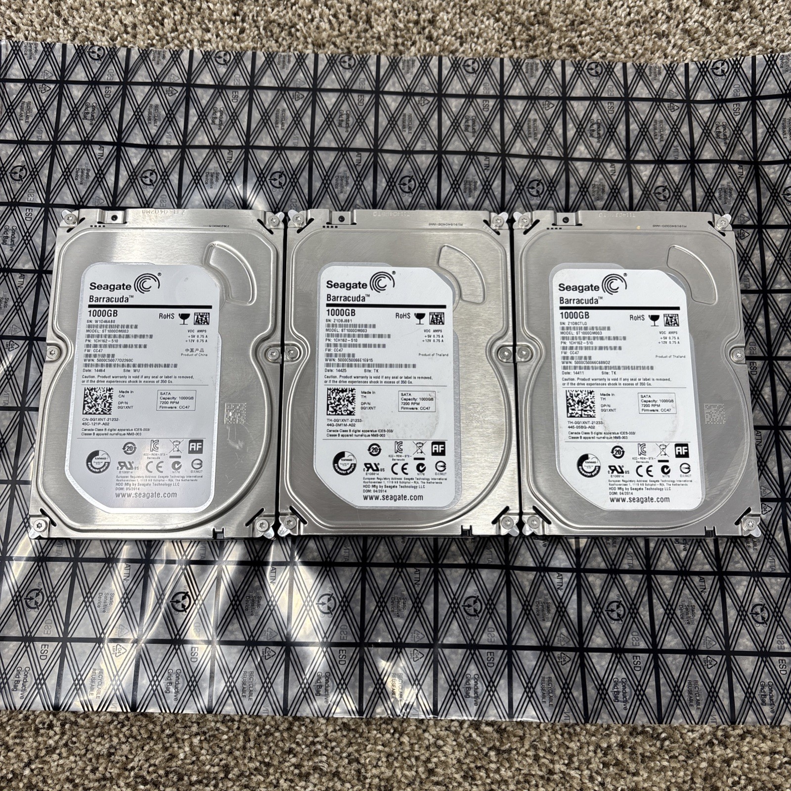 LOT Of (3) Seagate Barracuda ST1000DM003 1TB 7200RPM SATA 3.5" HDD