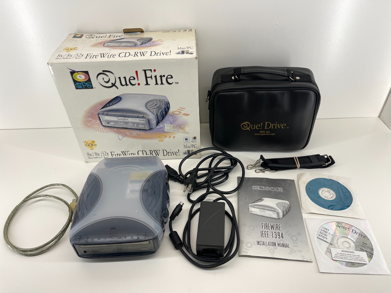 Vintage PC Que Fire Drive External 12x10x32x CD-USB W Power Cord CIB ~FOR PARTS