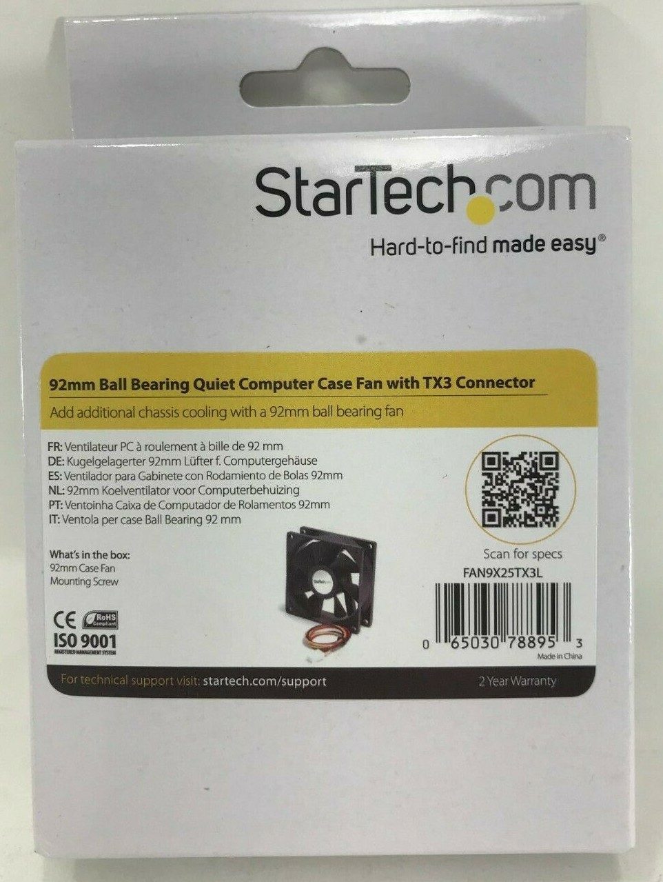 StarTech.com - FAN9X25TX3L - 92x25mm Ball Bearing Case Fan w/ TX3 Connector