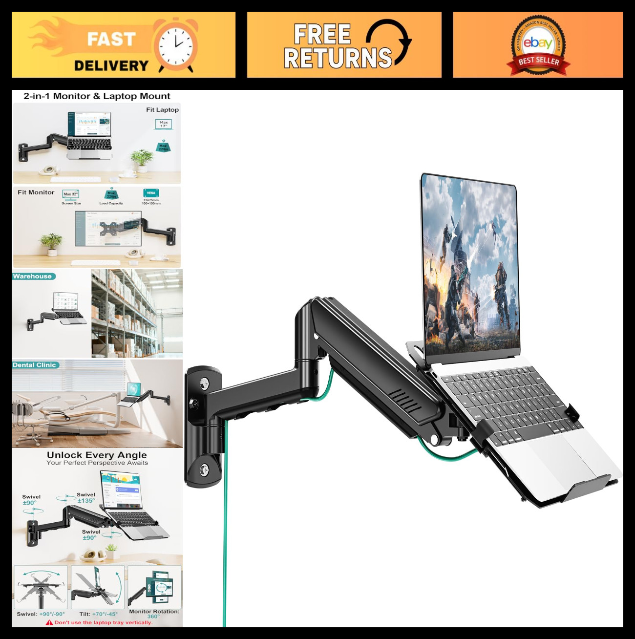 Adjustable Laptop Wall Mount with Vented Tray for 11-32" Screens, Full Motion Ar