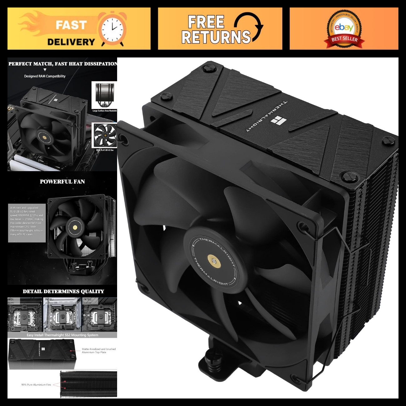 High-Performance CPU Cooler, 1850RPM PWM Fan, AM4/AM5 & Intel Compatible, Black