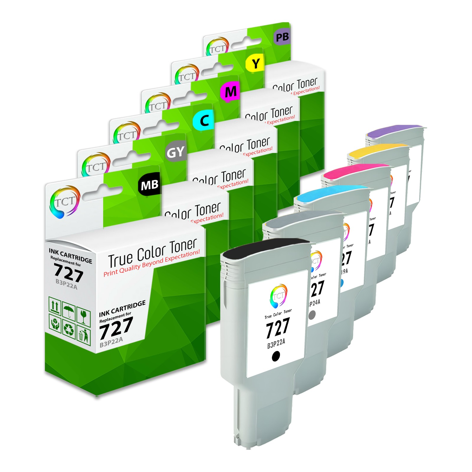 6Pk TCT Premium 727 MB/PB/C/C/Y/GY HY Compatible for HP DesignJet T920 T930 Ink