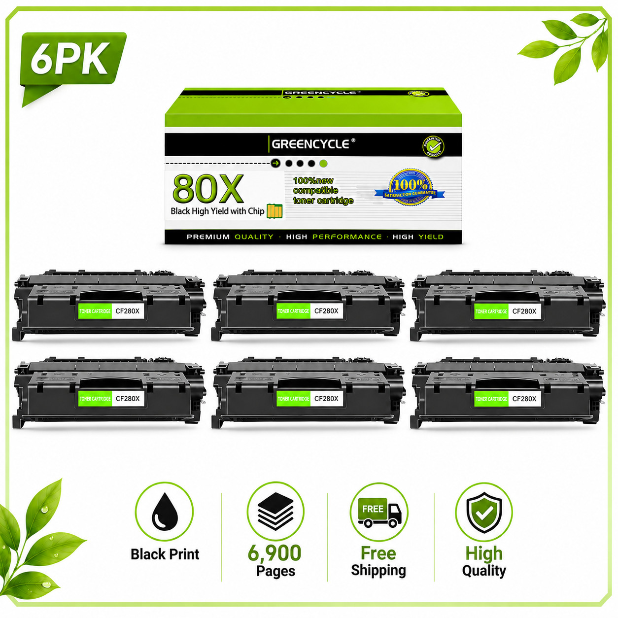 6 Pack CF280X High Yield BK Toner Fits for HP LaserJet Pro 400 M401a M401n M401d