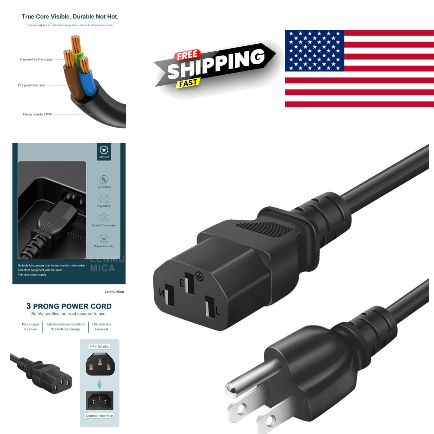 3 Foot Black Power Cable for Treadmills and Exercise Equipment Safe and Reliable