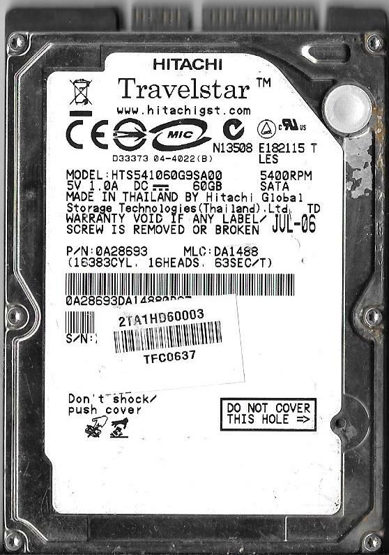 Hitachi HTS541060G9SA00 60GB Sata Hard Drive P/N: 0A28693  MLC: DA1488