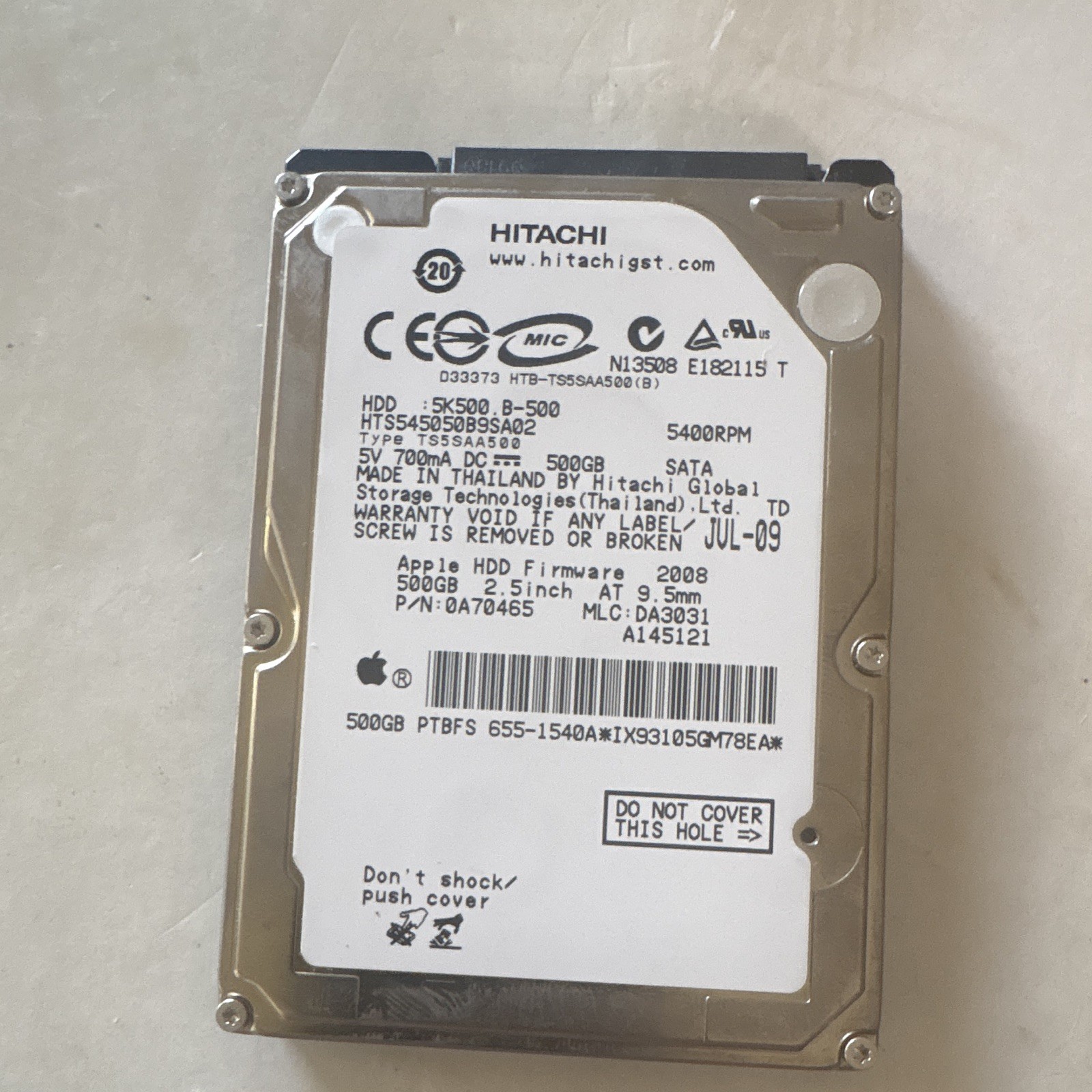 Hitachi HTS545050B9SA02 500GB 2.5" SATA 5400RPM 8MB Apple Firmware HDD