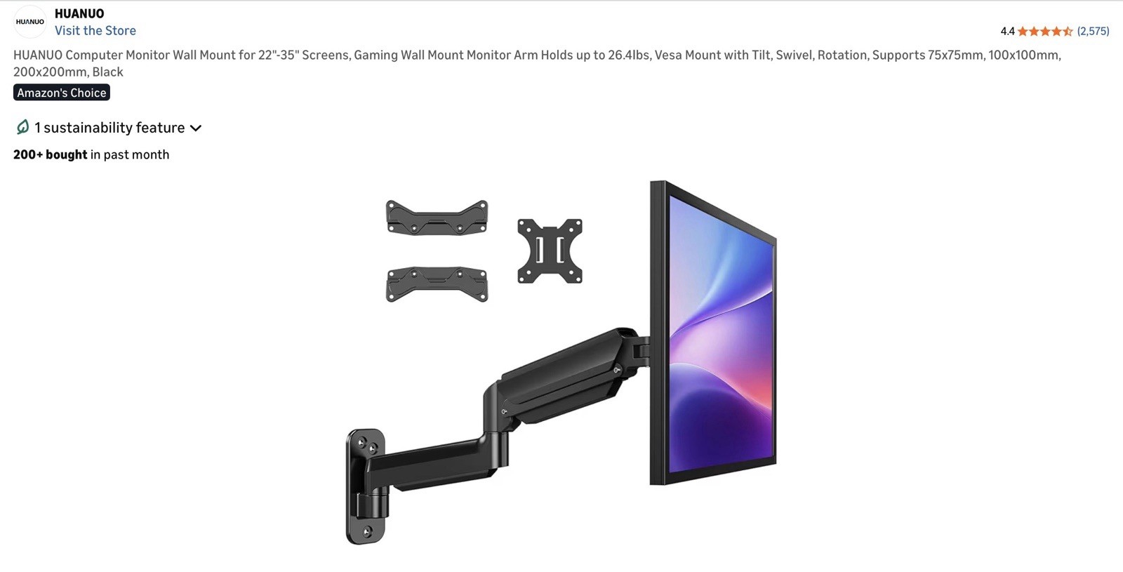 New HUANUO HNWSS4 Monitor Wall Mount Gas Spring Arm for 22-35" Screens Max 26lbs