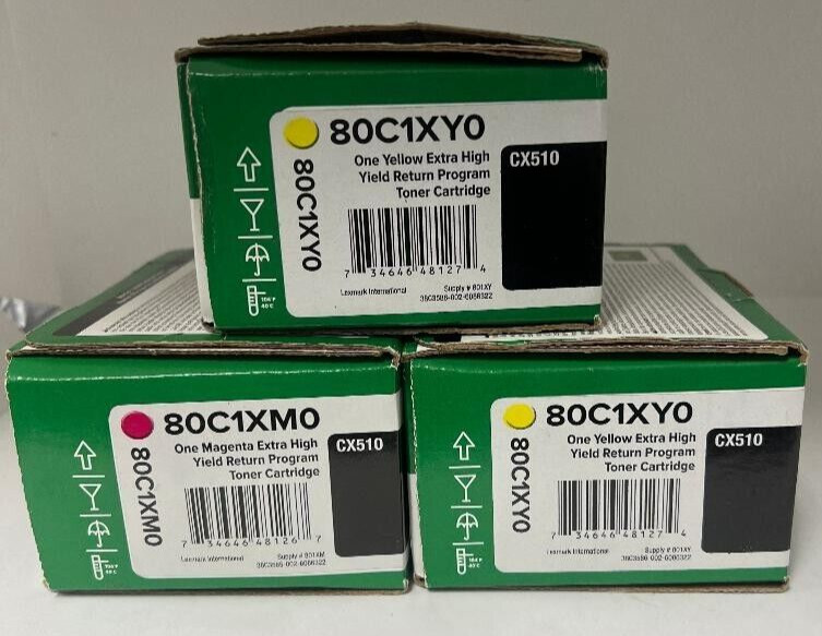 Lot of 3 Genuine Lexmark 80C1XM0/YO Extra High Yield Magenta/Yellow Toner