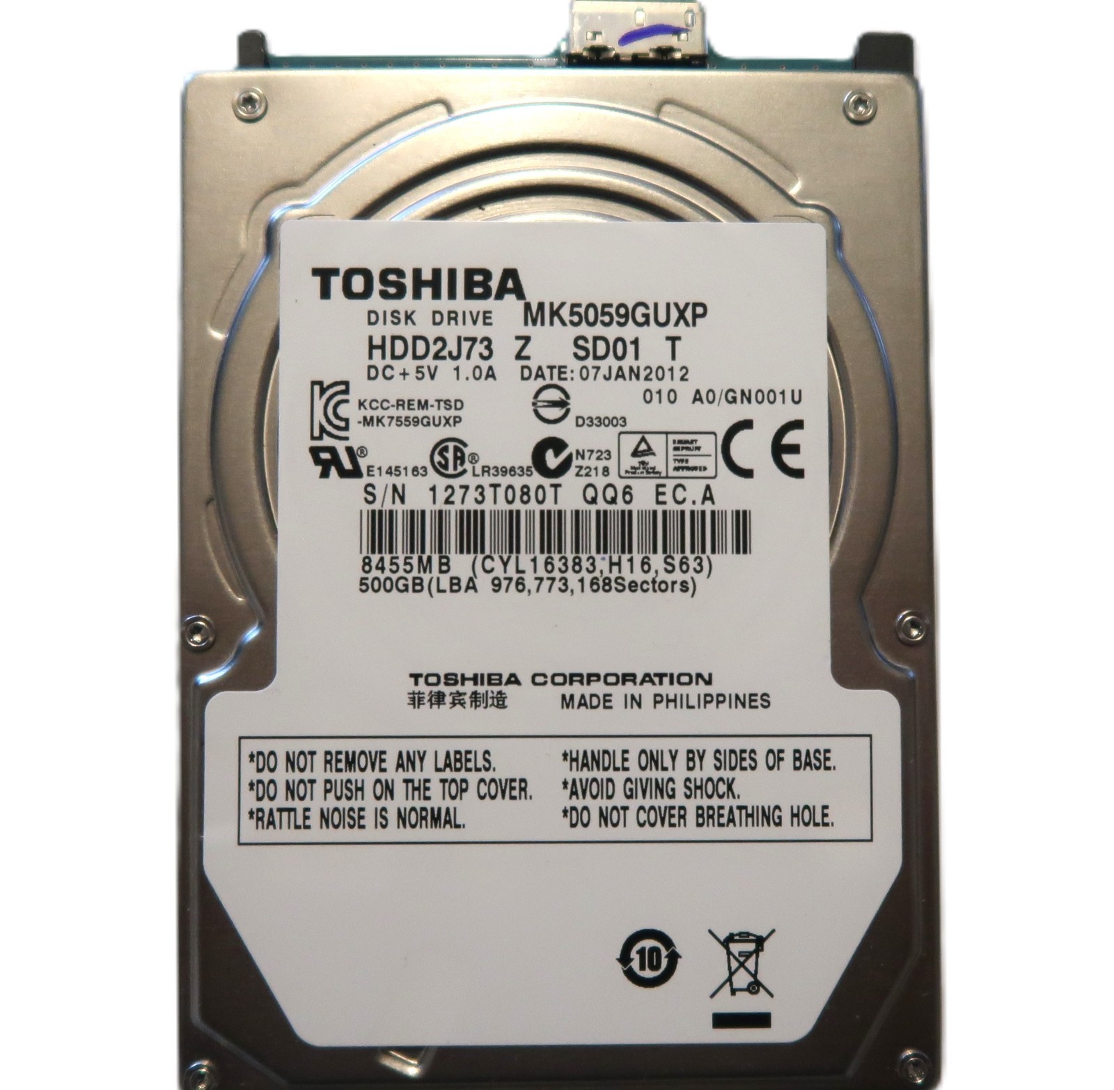 Toshiba MK5059GUXP HDD2J73 Z SD01 T 010 A0/GN001U 500gb USB Philippines 01/2012