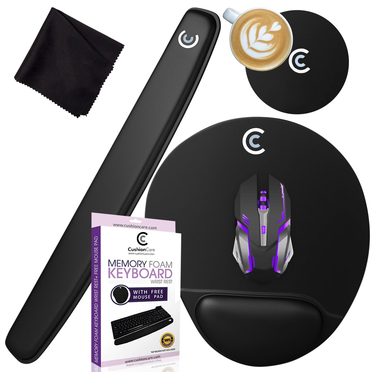 4pc Premium Wrist Rests for Keyboard and Mouse Pad Set - Memory Large, Black