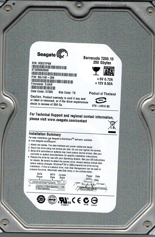 Seagate ST3250620AS P/N: 9BJ14E-308 F/W: 3.AAK 250GB TK