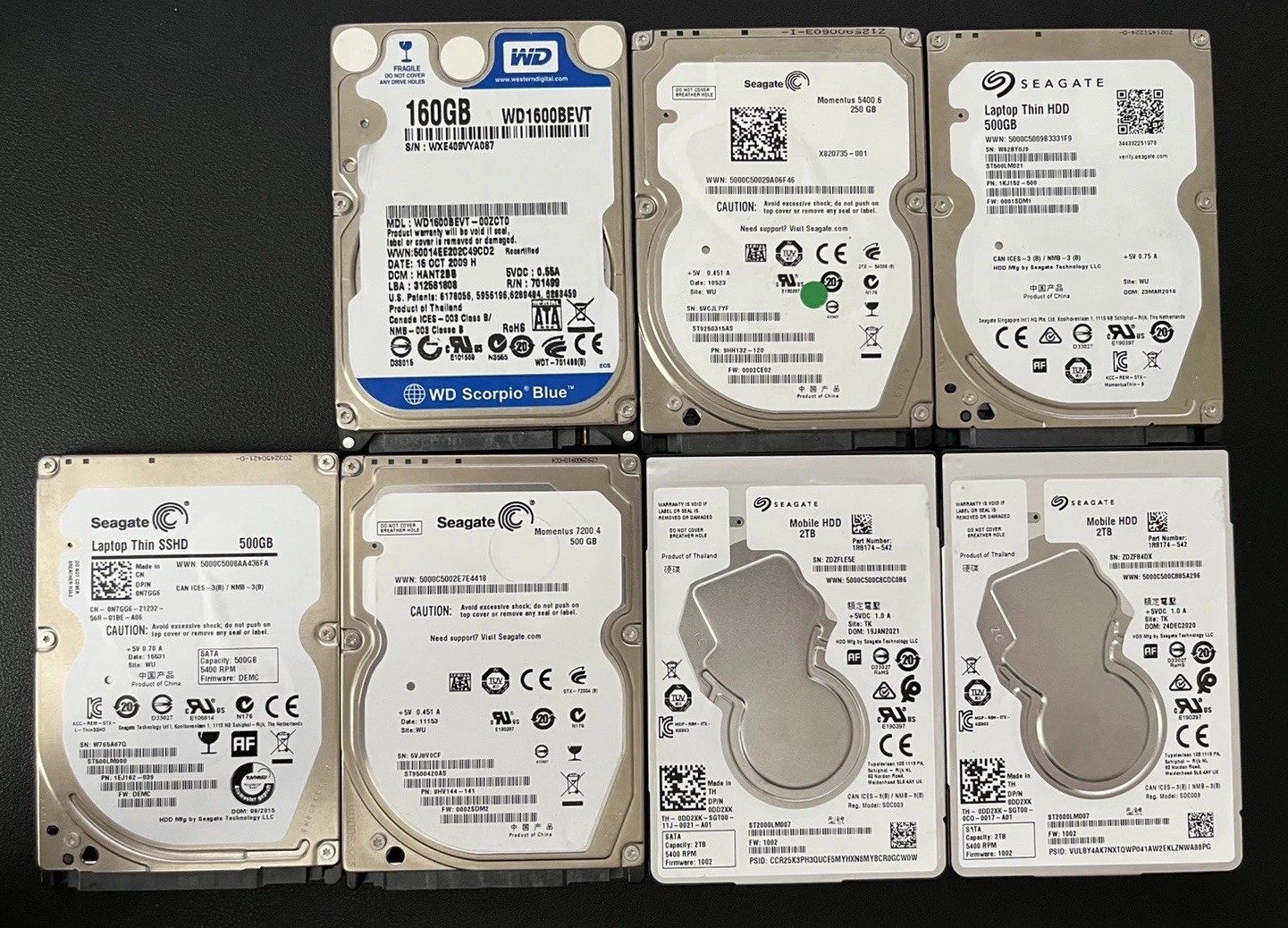 LOT OF 7 * 2.5" hard drives | 2TB, 500GB, 160GB | Western Digital | Seagate