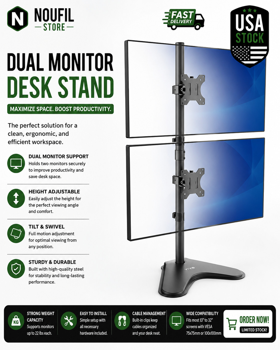 Dual Monitor Desk Stand Free-Standing LCD Mount, Holds in Stacked Vertic...