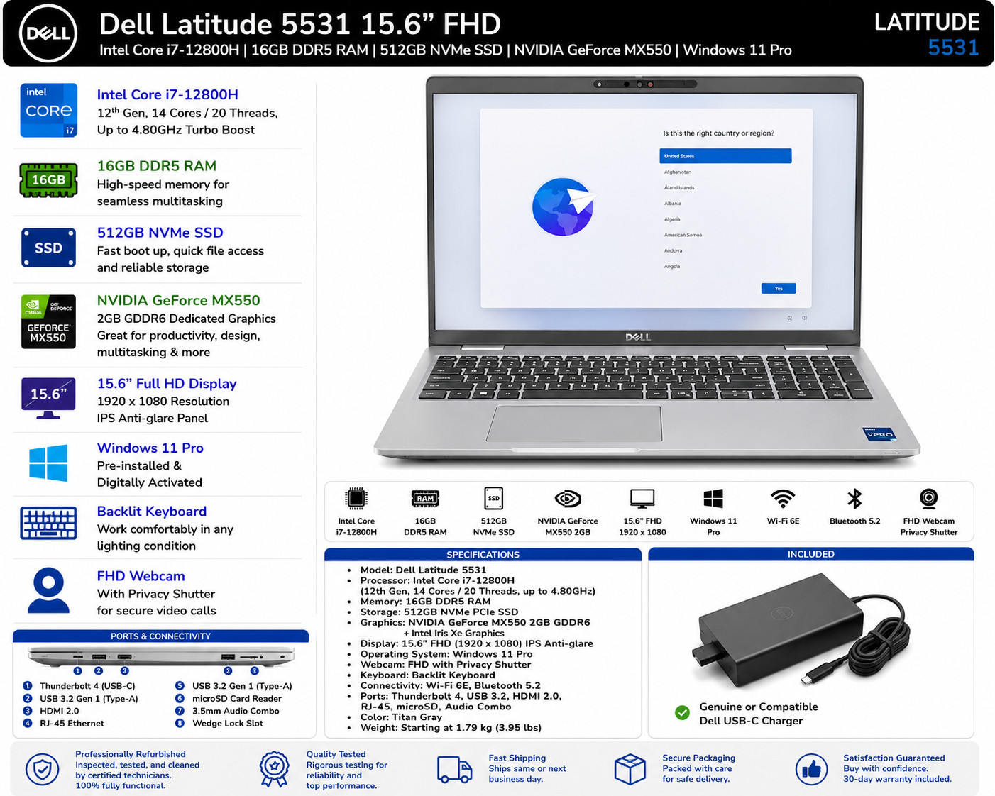 Dell Latitude 5531 15.6" FHD i7-12800H 16GB 512GB MX550 Win11 Pro