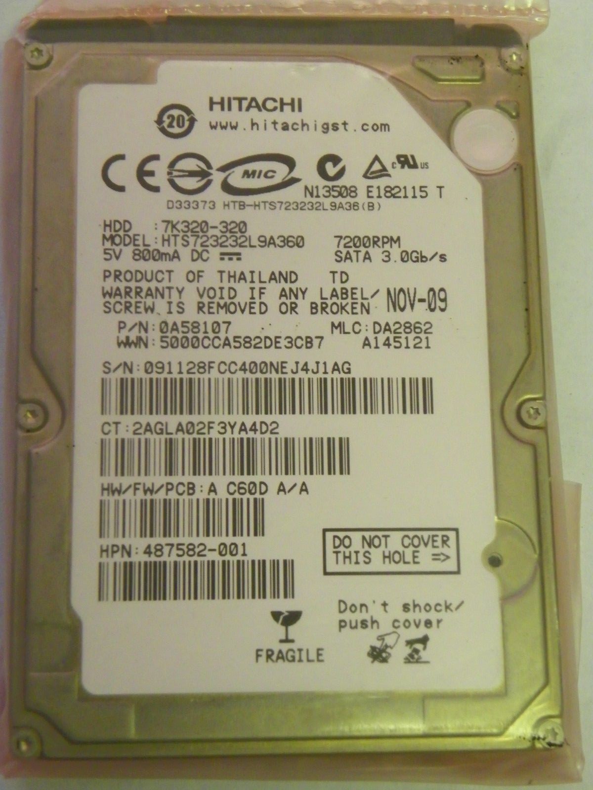 Hitachi HTS723232L9A360 P/N:0A58107 MLC:DA2862 FW:A C60D A/A 320GB 2.5" SATA HDD