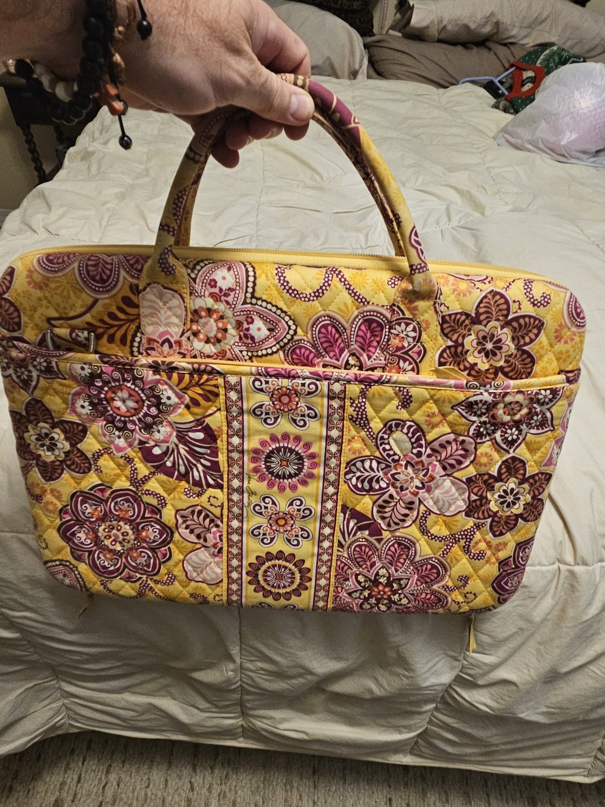 Vera Bradley Padded Quilted Floral Laptop Briefcase Cotton Yellow Pink Purple