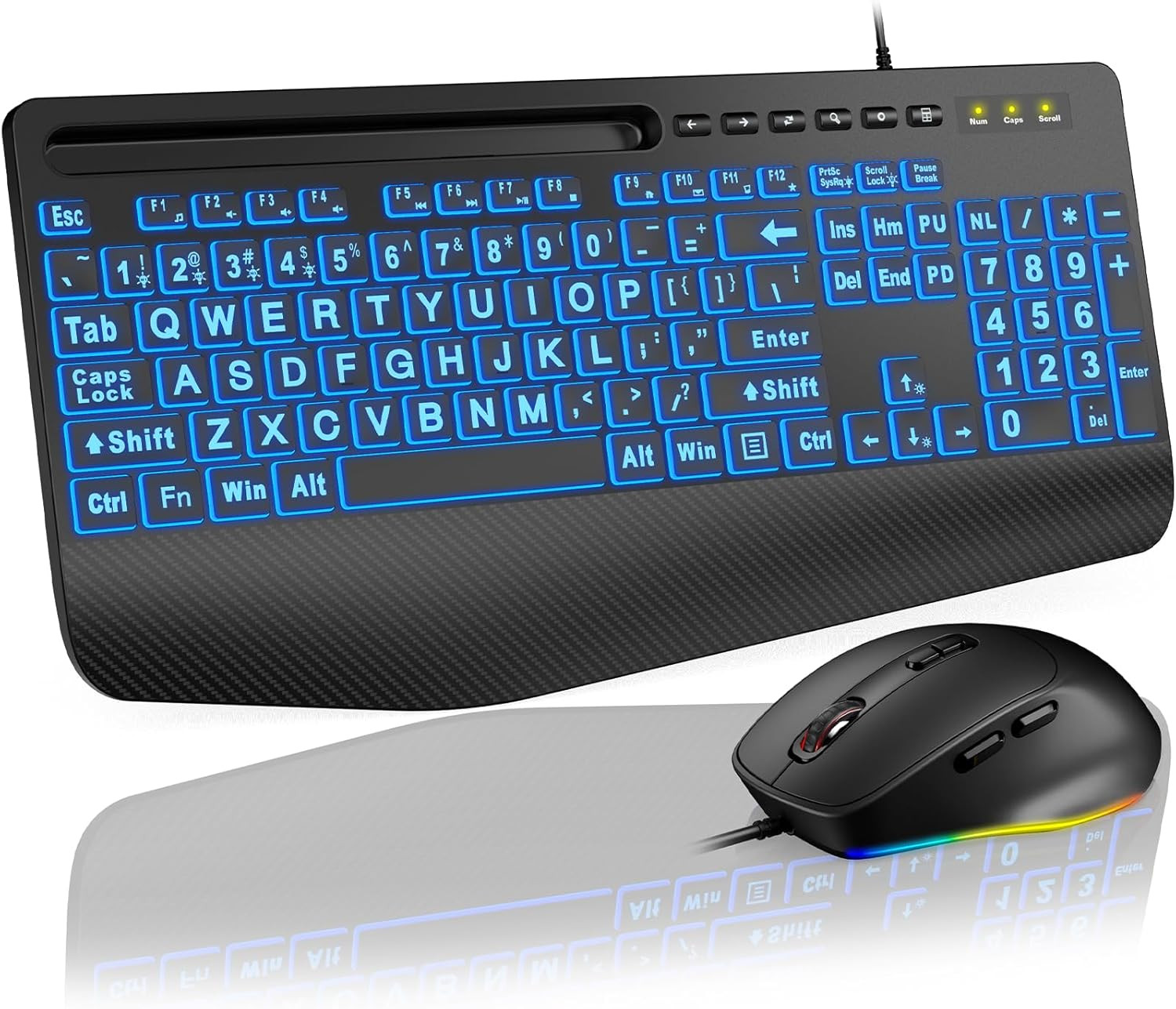 Km21Pro Wired Keyboard and Mouse Combo, 4X Larger Print Backlit Keys, Palm Rest,