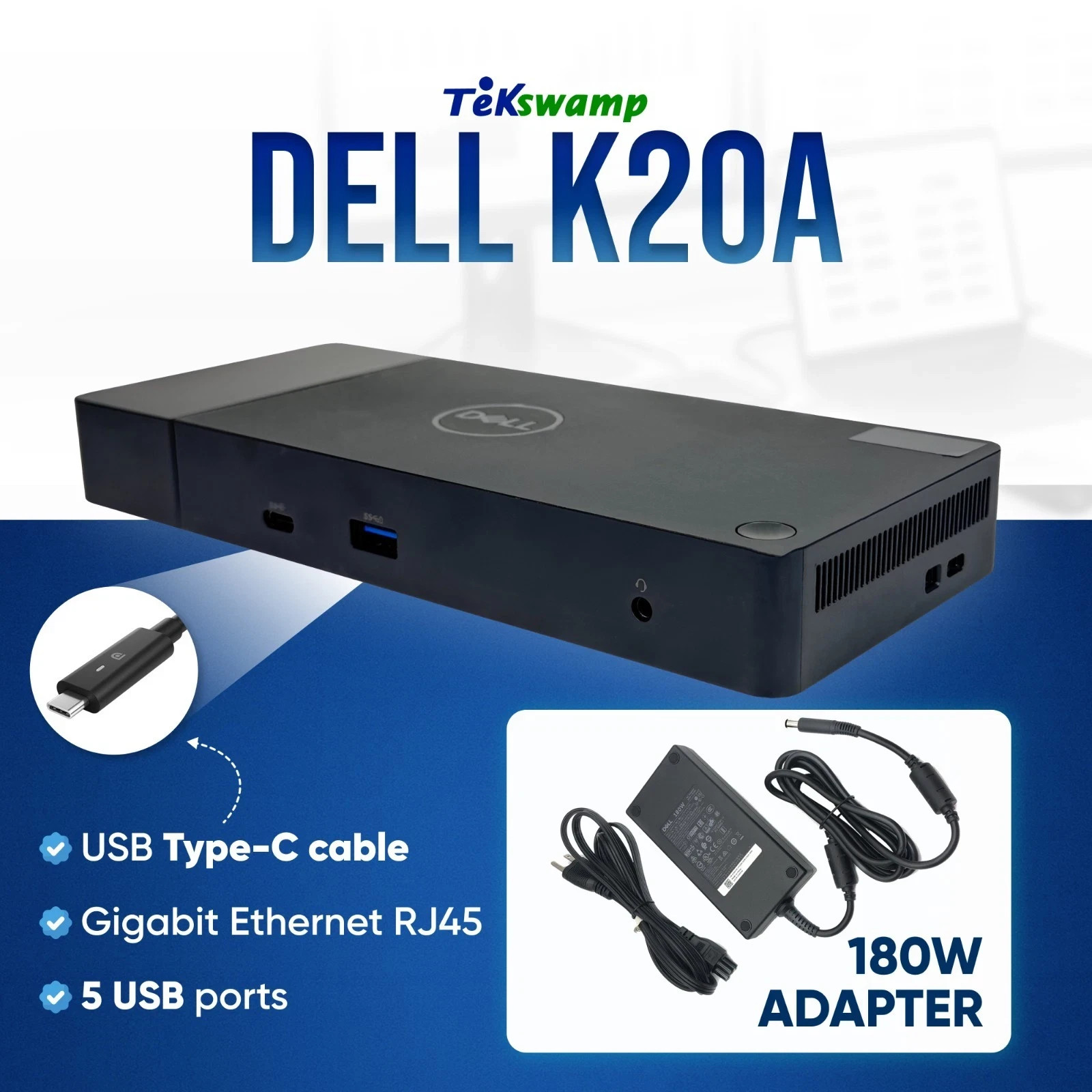 Genuine Dell WD19TBS K20A Docking Station Thunderbolt 3 USB-C with 180W ADAPTER