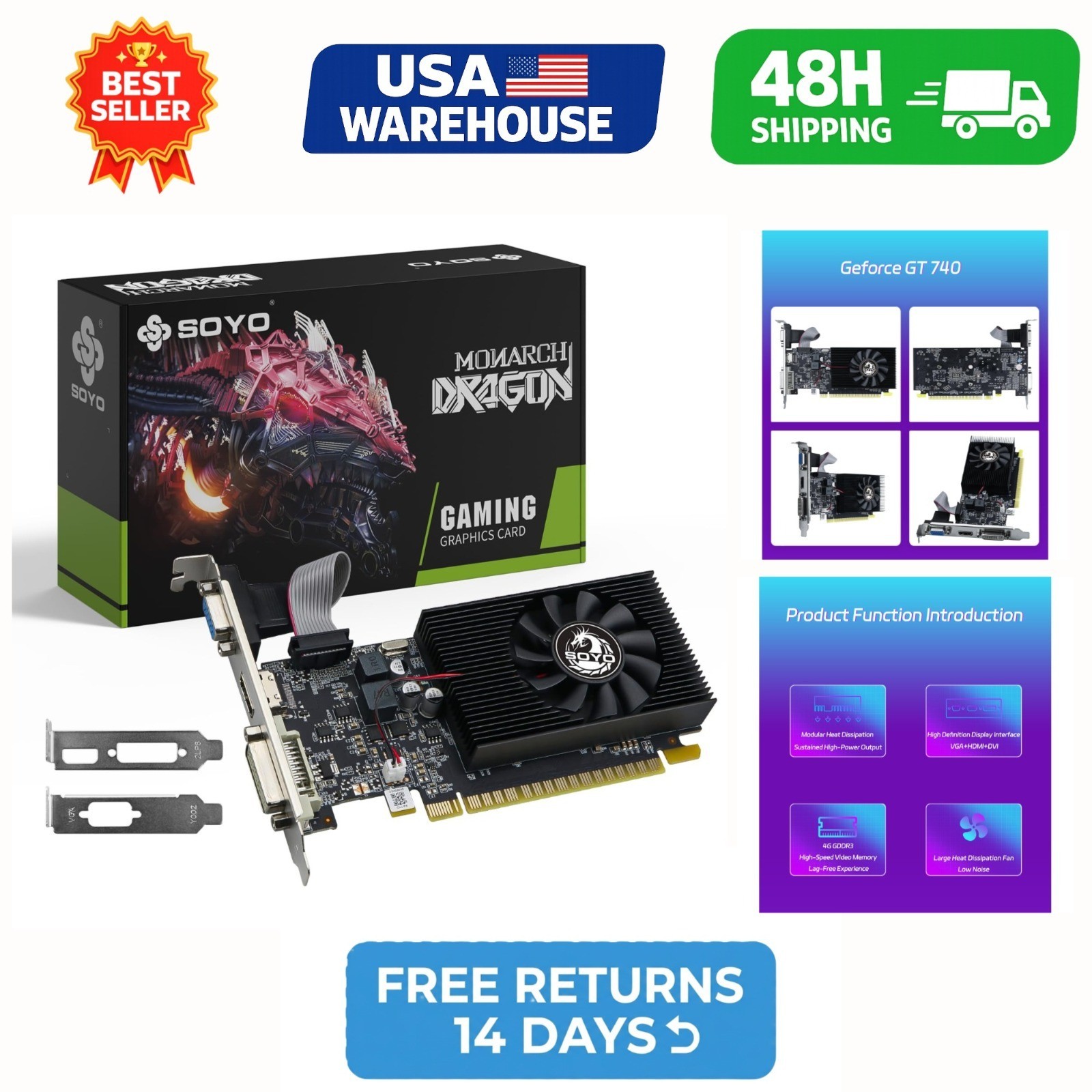 SOYO GeForce GT 740 4GB DDR3 Low Profile Graphics Card HDMI VGA DVI