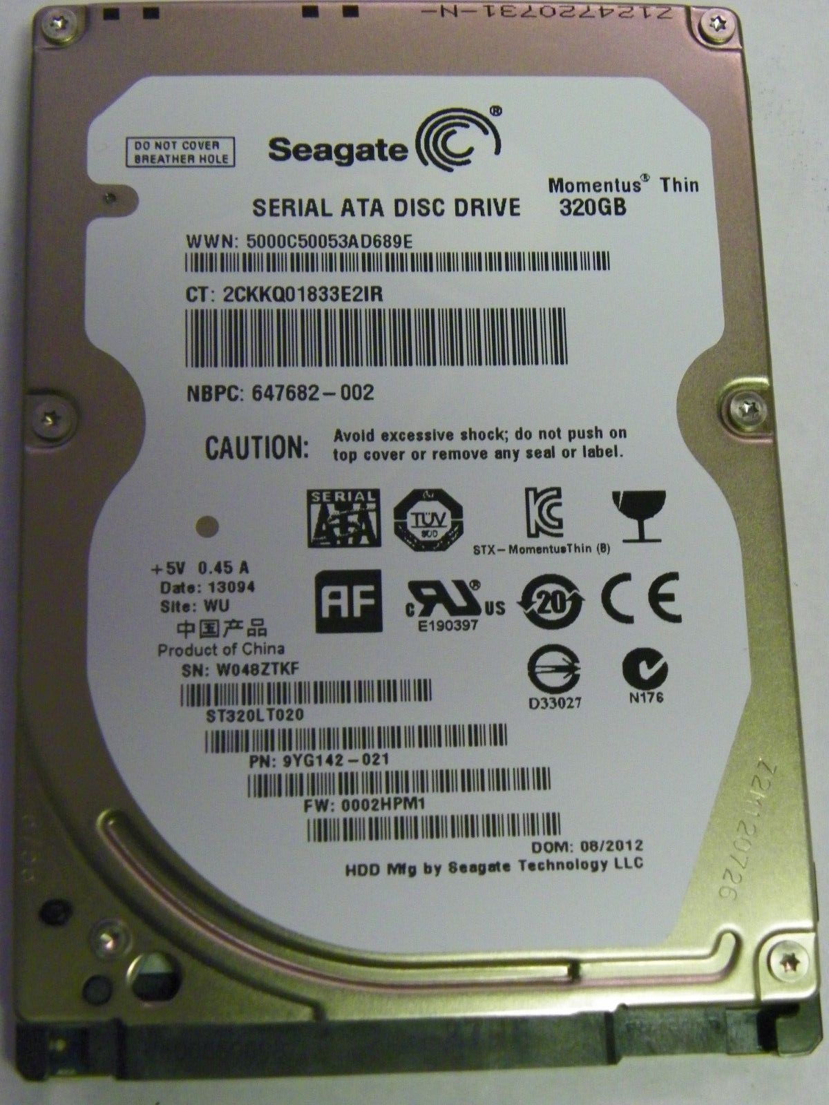 Seagate ST320LT020 P/N:9YG142-021 FW:0002HPM1 WU Laptop 320GB 2.5" 7mm SATA HDD