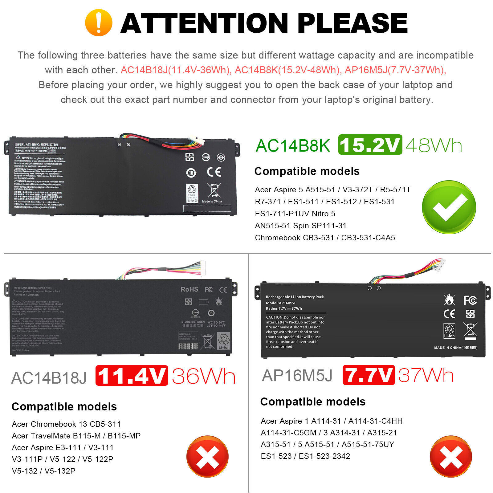 Laptop Battery For Acer 5 A515-51 Chromebook CB5-571 AC14B8K AC14B3K 15.2V 48Wh 