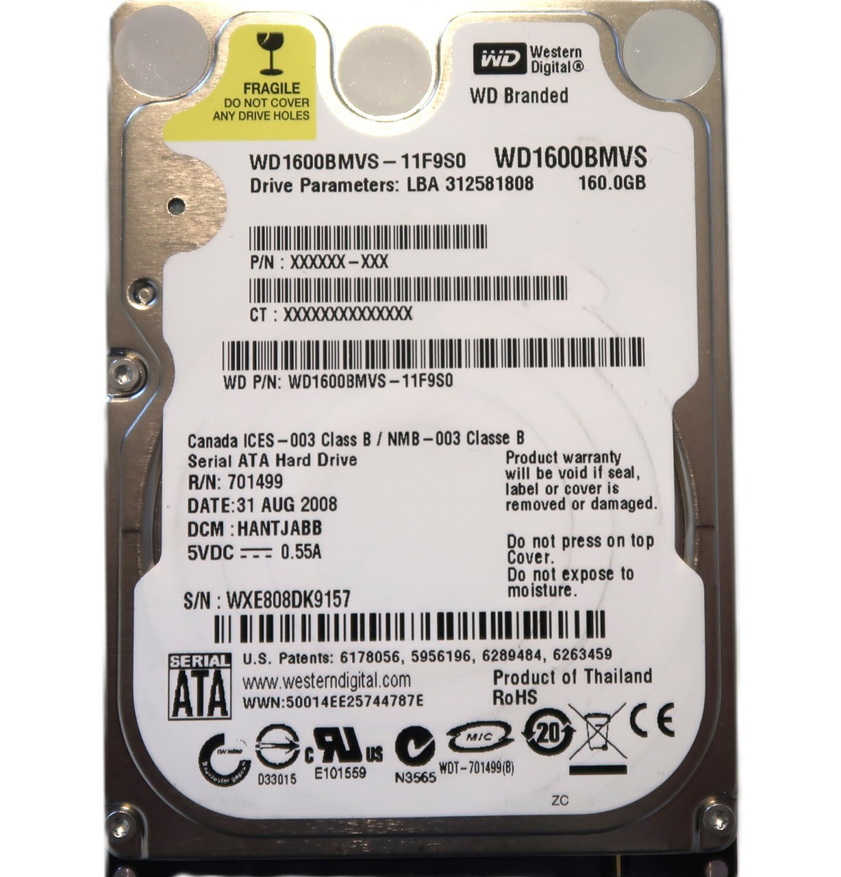 WD1600BMVS-11F9S0 HANTJABB (WXE8) Thailand 2.5" 160gb Sata HDD 08/2008