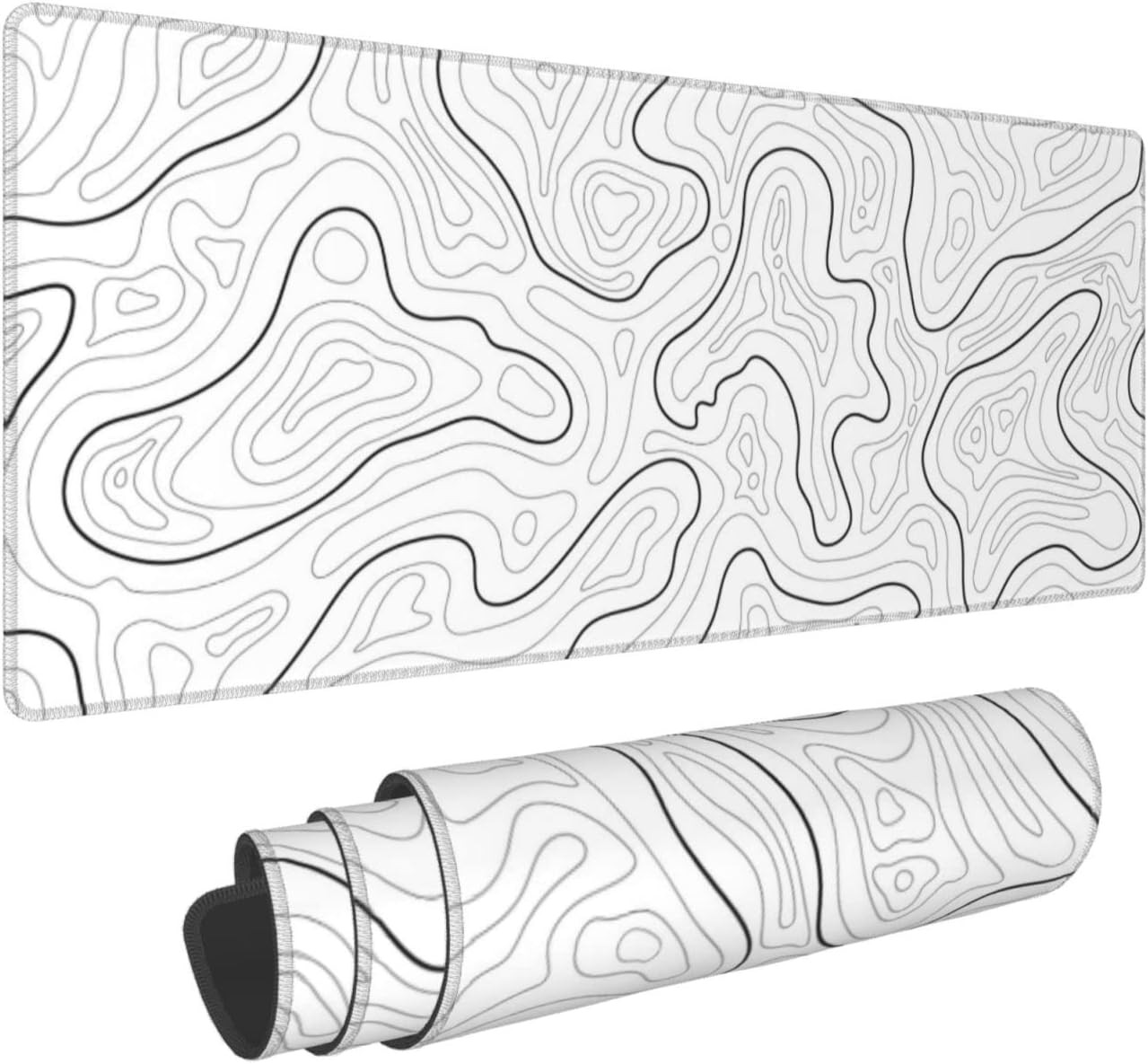 Abstract Topographic Map White Grey Black Gaming Mouse Pad Long Large Desk Mat