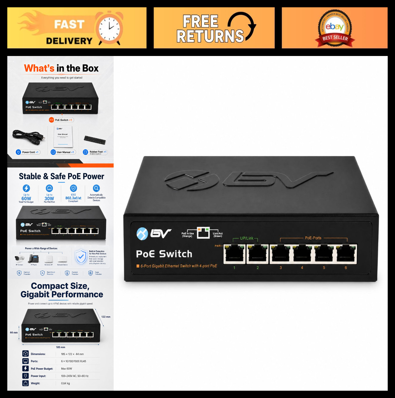 6-Port PoE+ Switch, 4 Gigabit PoE Ports, 2 Uplink Ports, 60W Power Supply