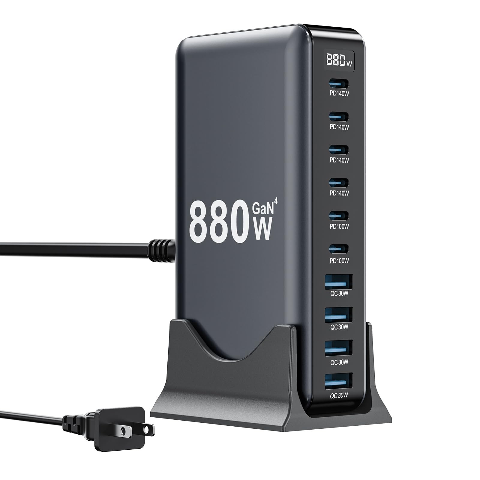 880W 10-Port GaN USB-C USB-A Charging Station 6 USB-C 4 USB-A Black