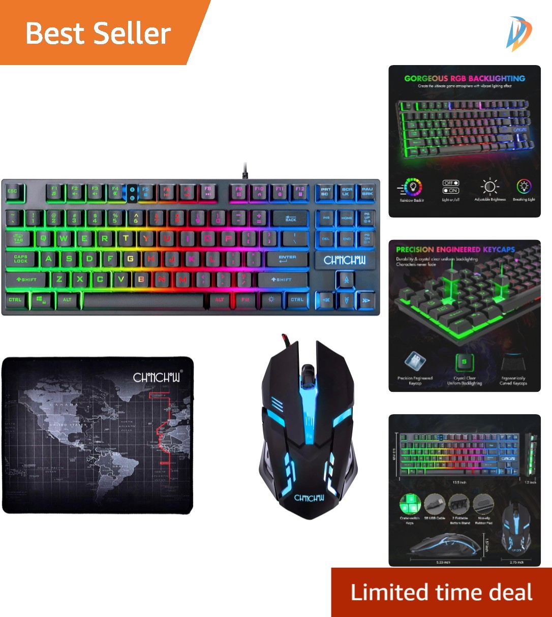 Backlit 87-Key TKL Gaming Keyboard & RGB Mouse for PC, PS4, Xbox - Compact Set