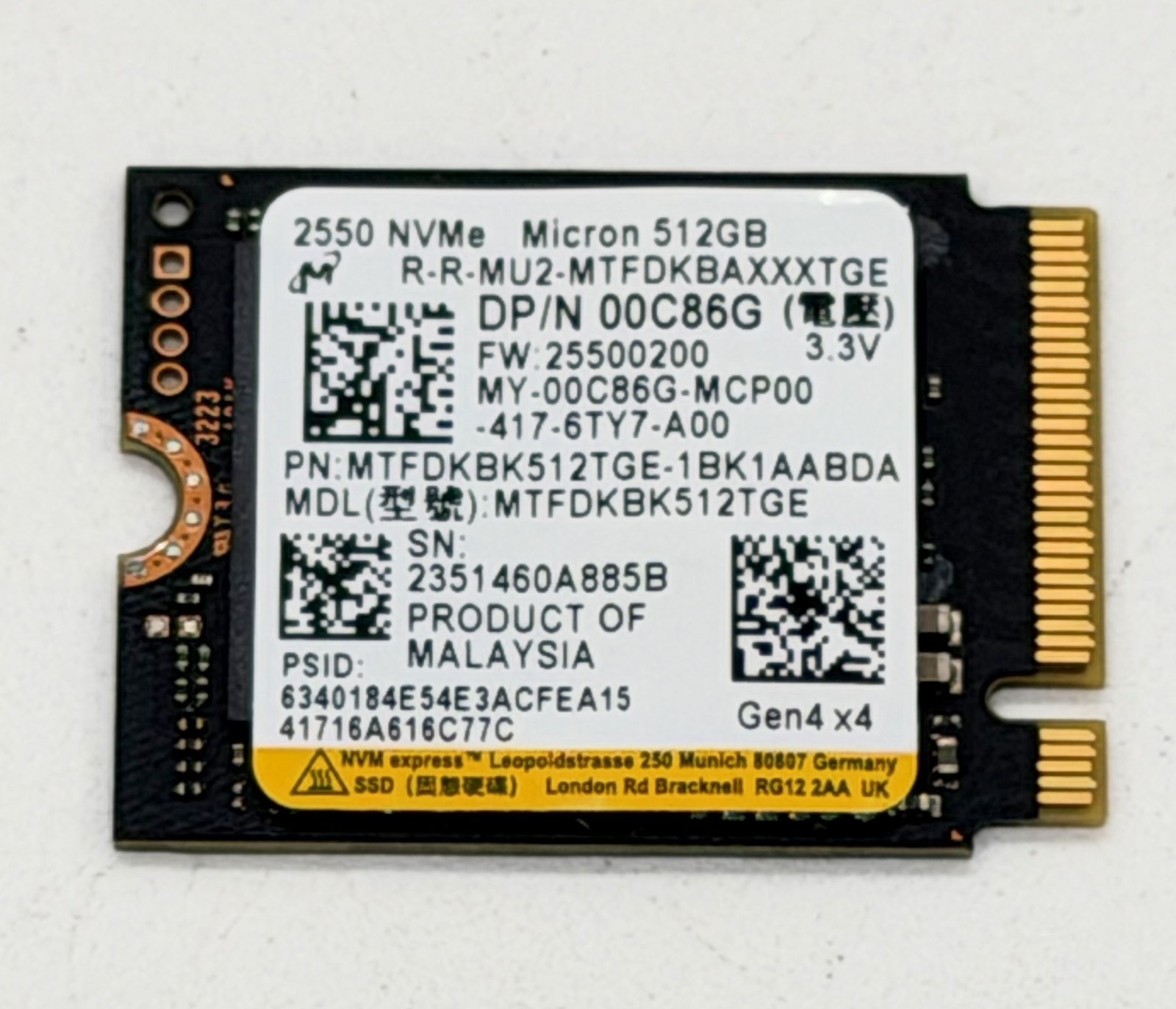 512GB MICRON MTFDKBK512TGE 2230 NVME PCIE 4X4 SSD LAPTOP TESTED 90% HEALTH