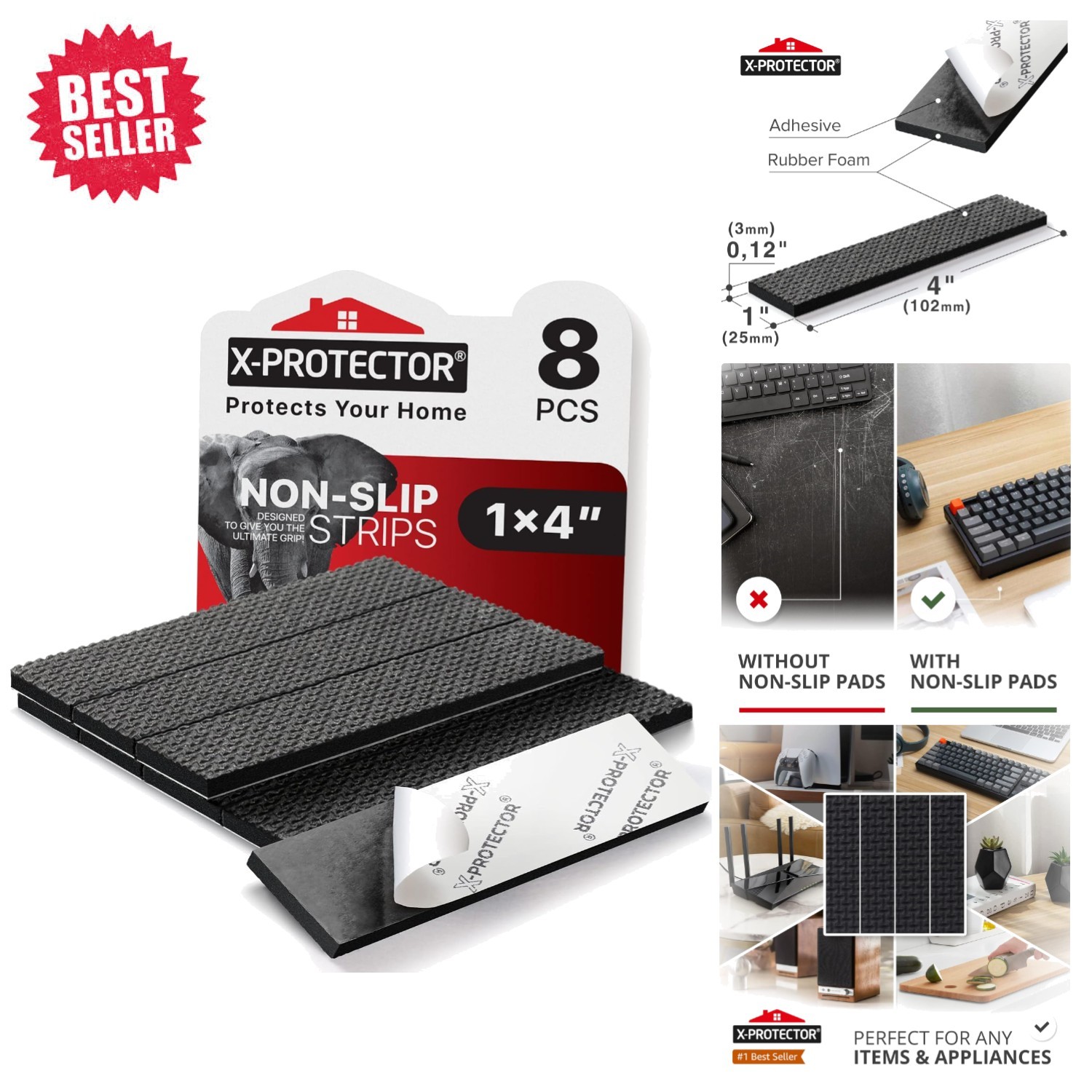 8-Pc Non-Slip Rubber Pads for Secure Grip on All Surfaces - Black 4x1 Inch