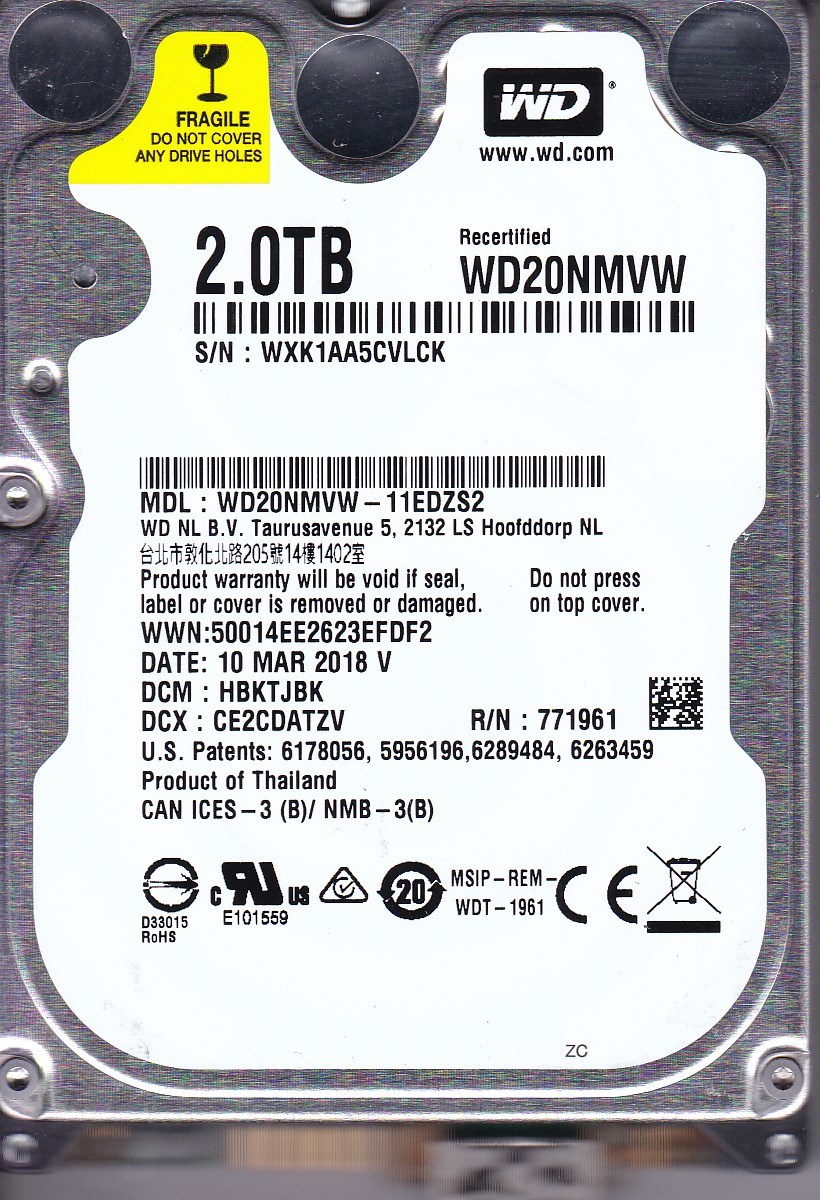  WD20NMVW-11EDZS2 dcm: HBKTJBK s/n:WXK1A Thailand 2018  2TB USB 3.0 2.5" B17-08