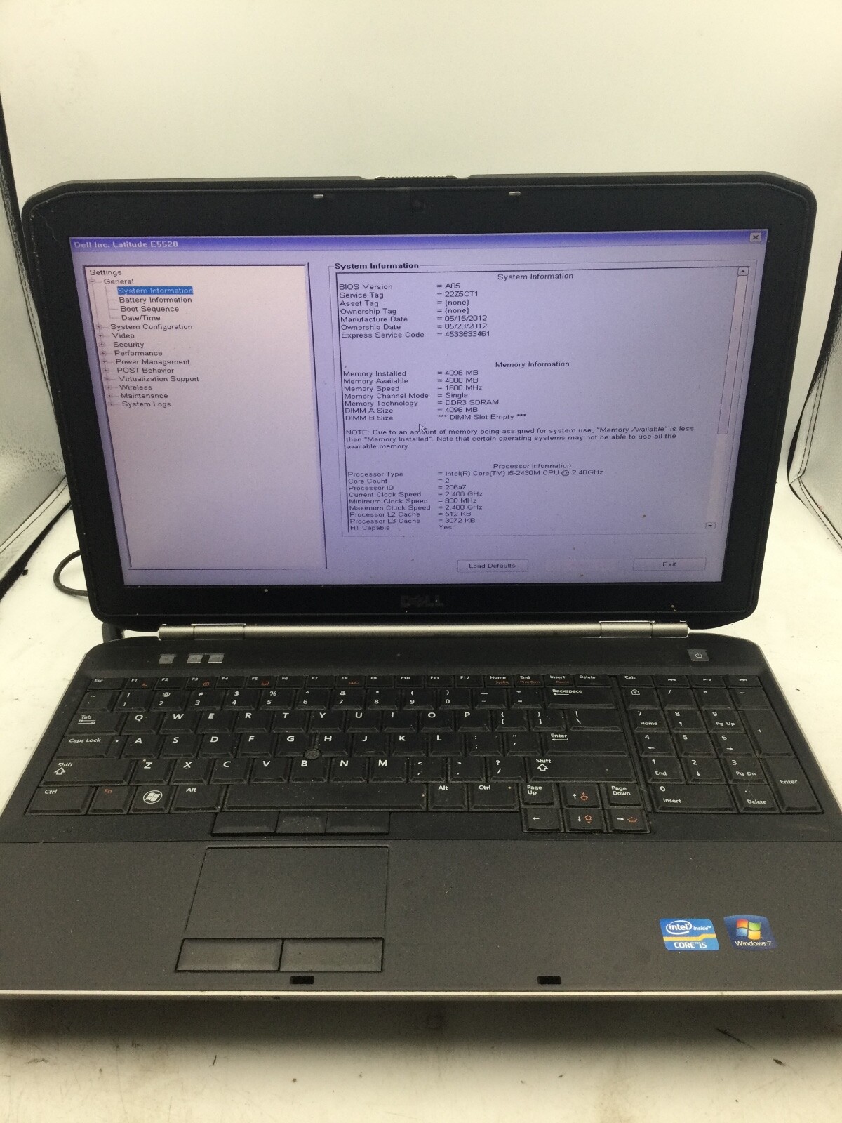 DELL LATITUDE E5520 - BOOTS TO BIOS - INTEL I5 2430 - NO RAM - READ DESCRIP -BB