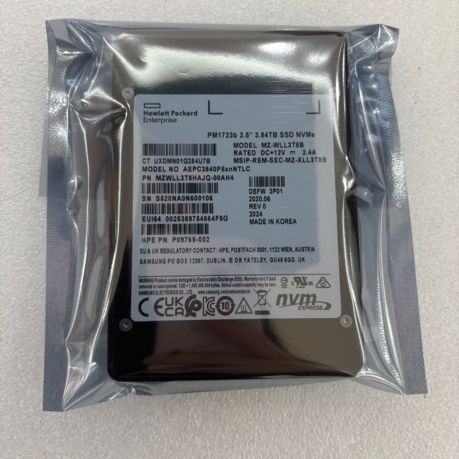 HPE P09769-002 PM1723b 3.84TB 2.5" MZWLL3T8HAJQ-00AH4 MZ-WLL3T8B NVMe SSD