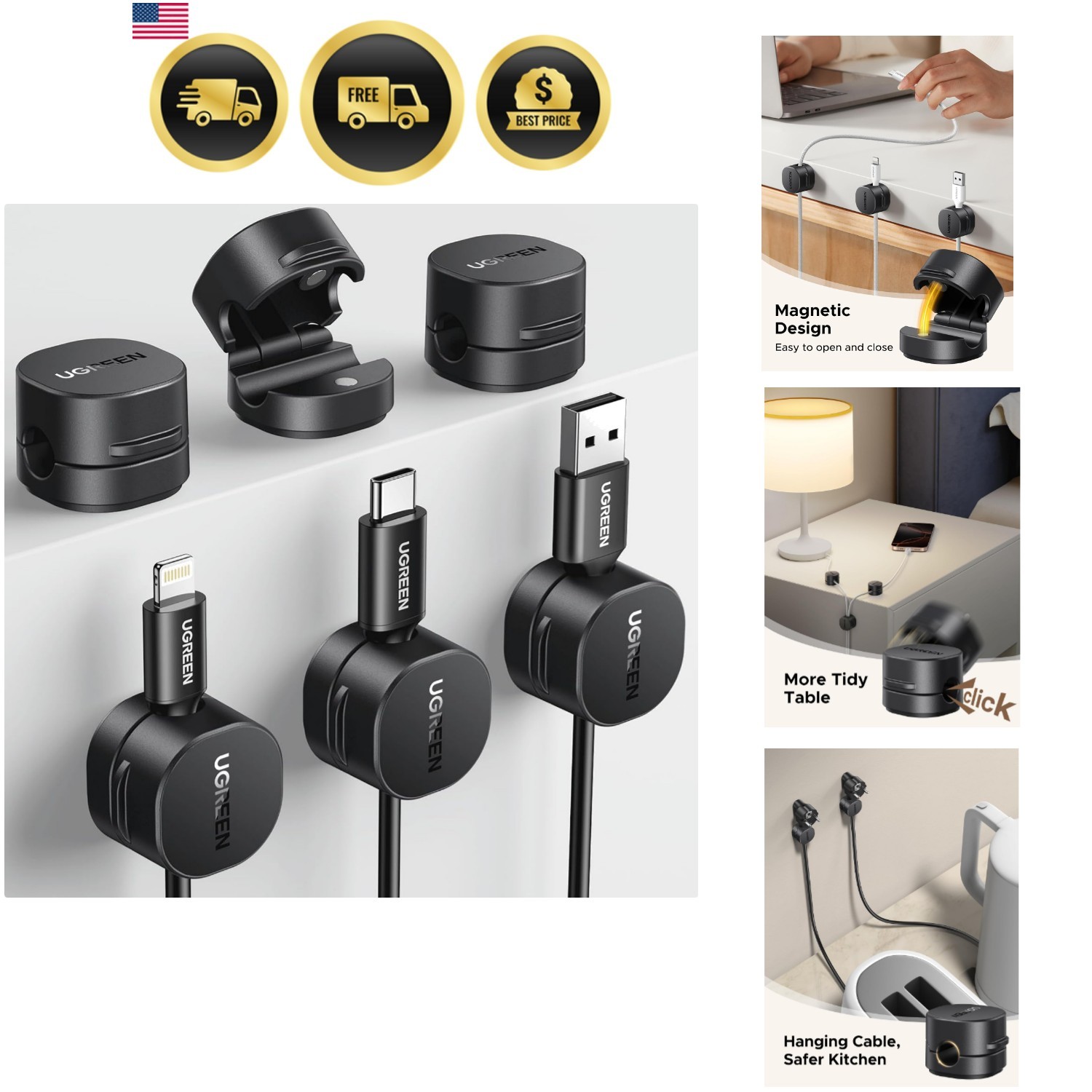 Cable Organizer Clips Magnetic Cord Holders for Desk Nightstand 6 Pack