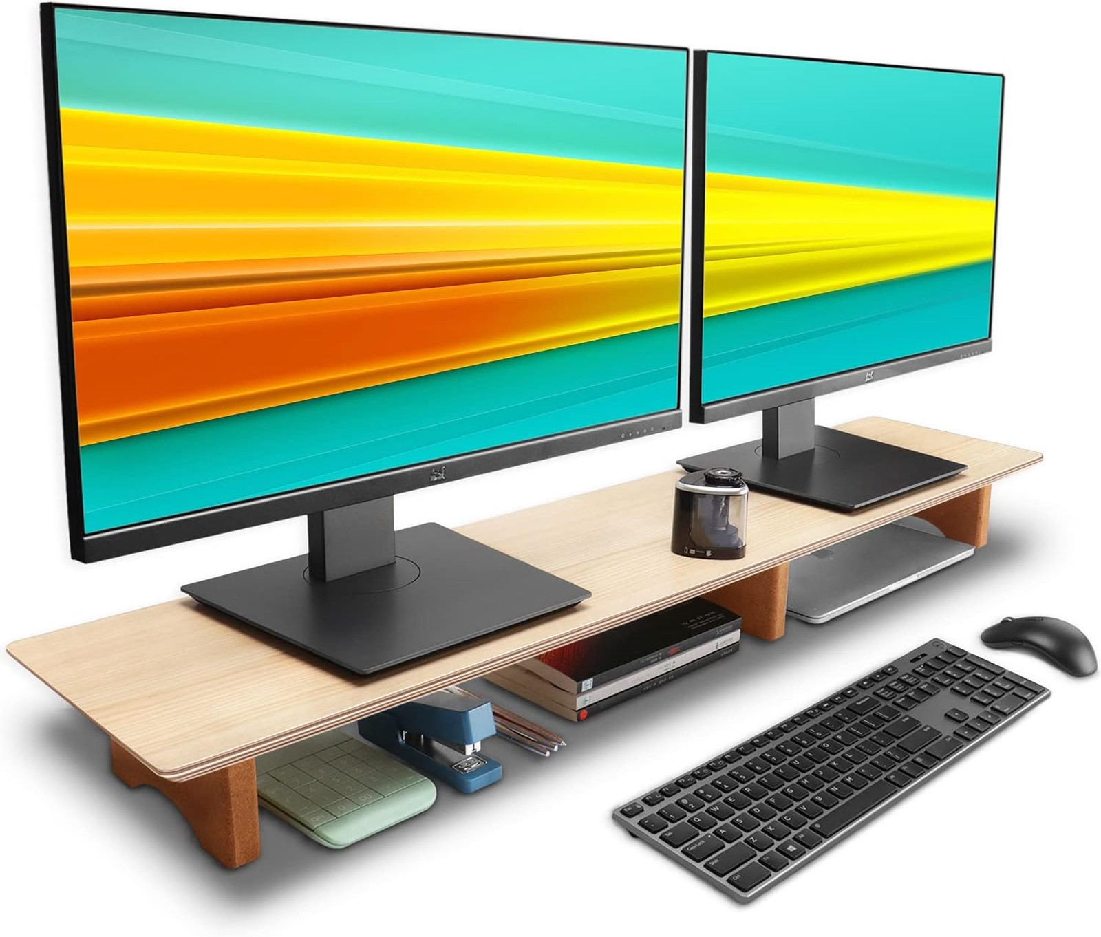 43 Inch Oak Wooden Dual Monitor Stand with Cork Legs and Under Shelf Storage