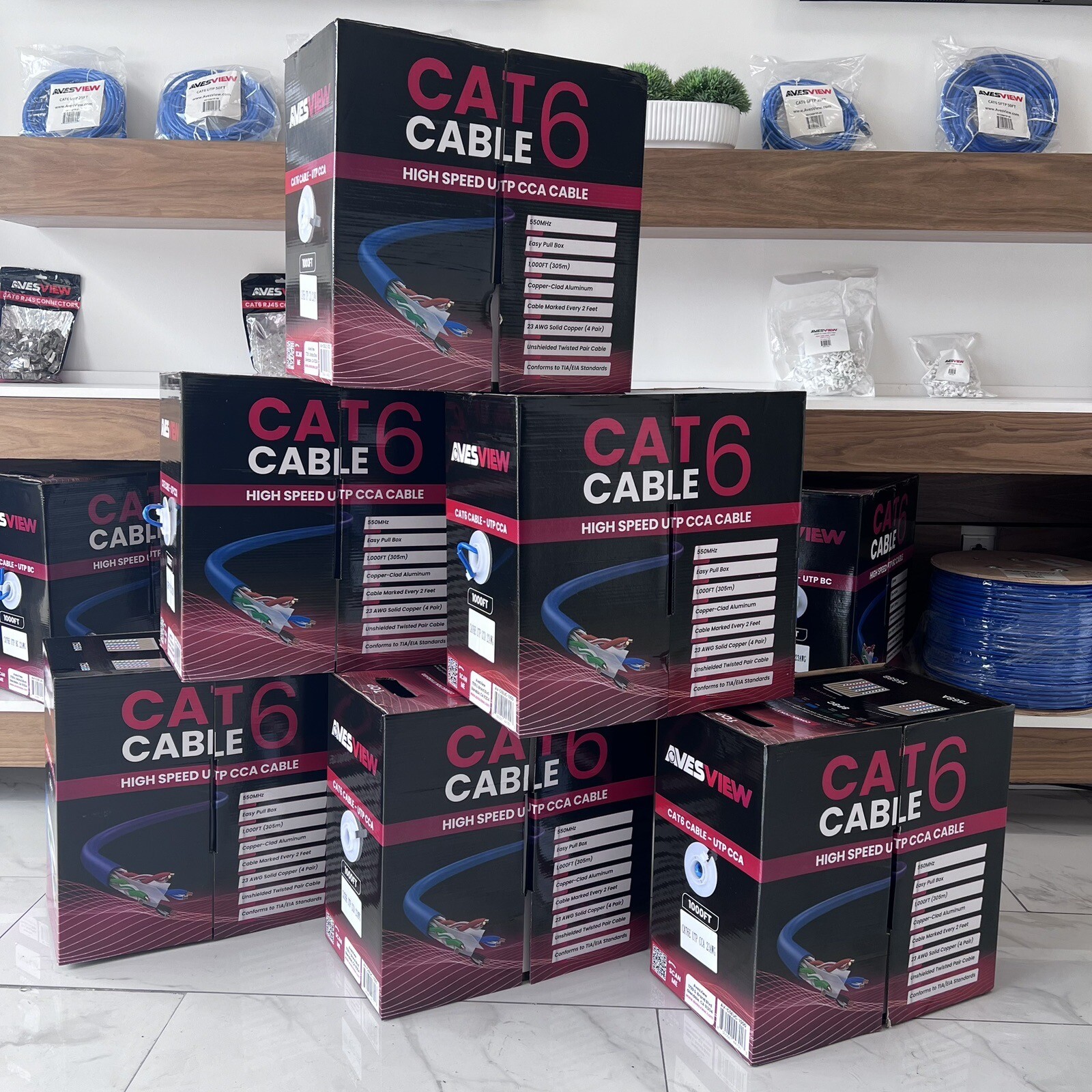 AvesView CAT6E Indoor 1000ft Ethernet Cable UTP (CCA) 23AWG 550MHz - Lot of 6
