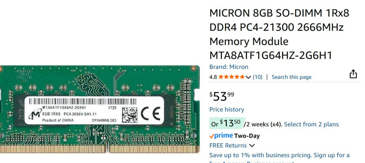 MICRON 8GB SO-DIMM 1Rx8 DDR4 PC4-21300 2666MHz Memory Module 3year Warranty