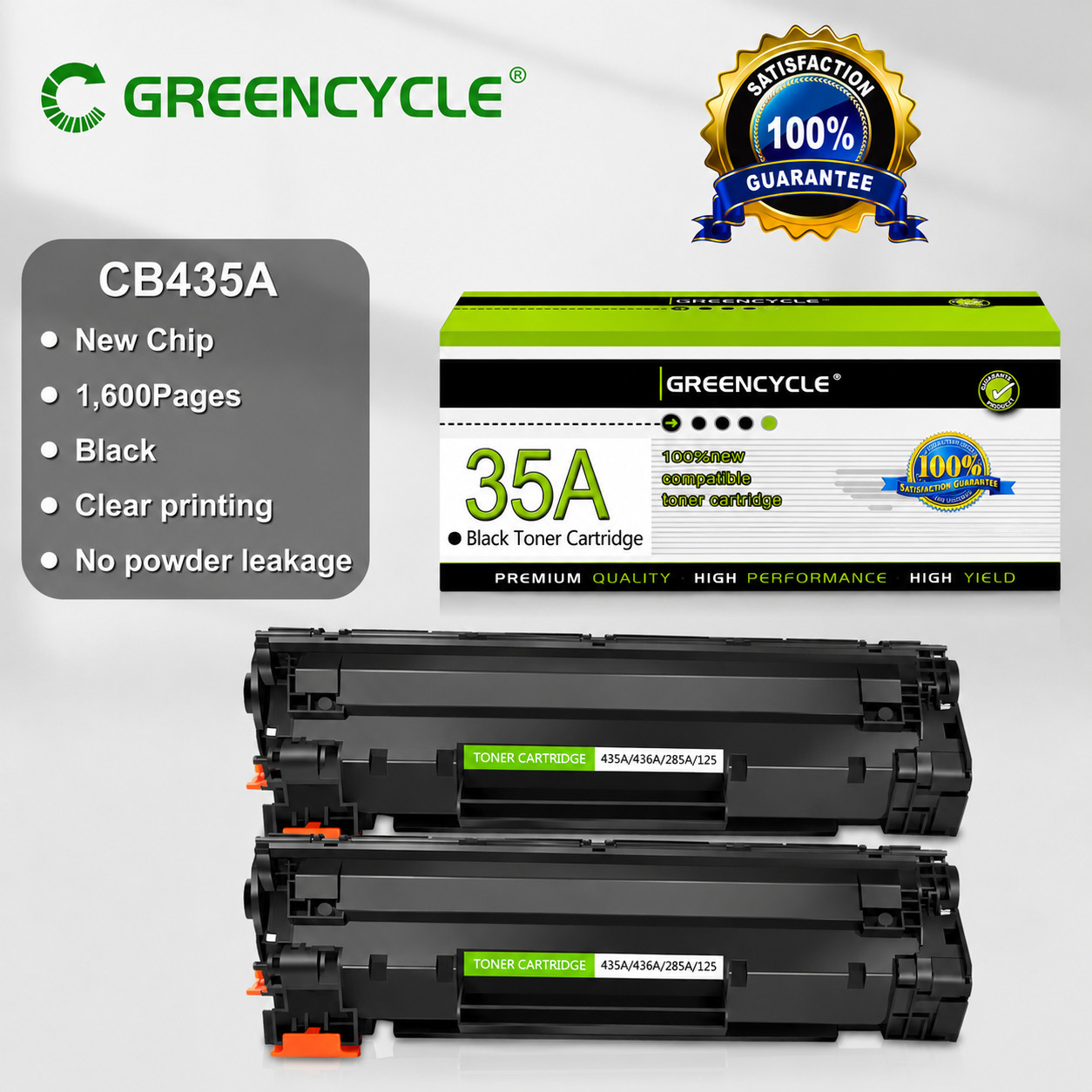 GREENCYCLE 2 Pack CB435A 35A Black Toner for HP LaserJet P1002 P1005 P1006 P1009