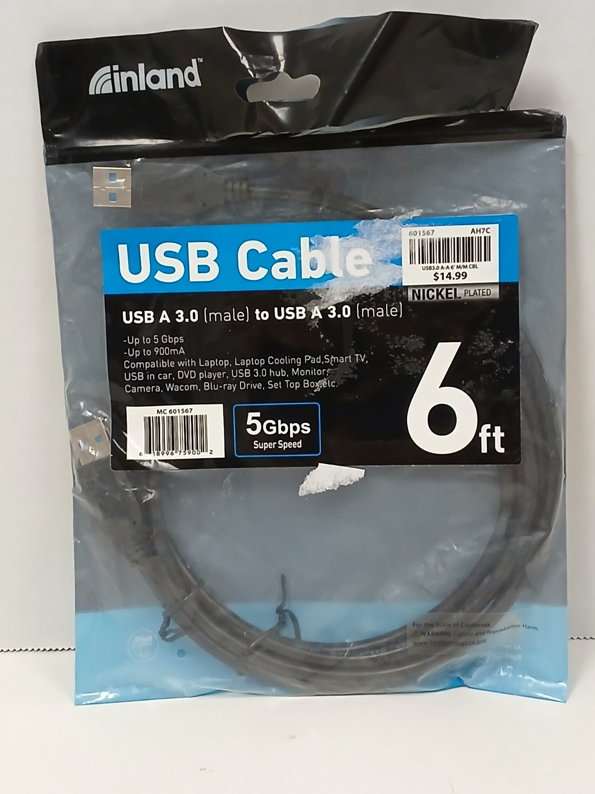 Inland USB-A 3.0 to USB-A 3.0 Cable 5Gbps Nickel Plated, 6ft