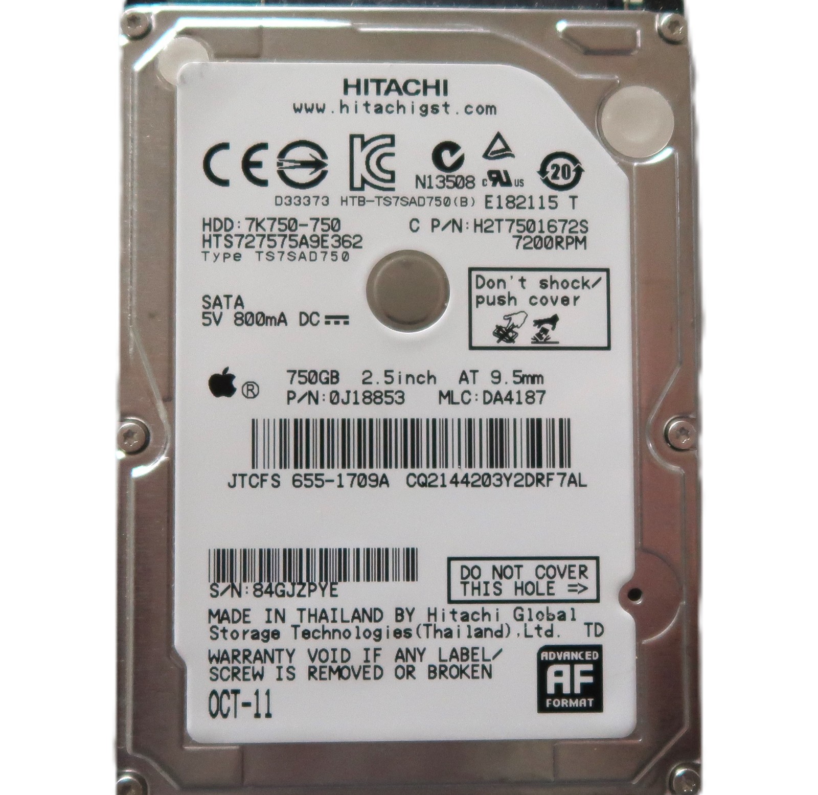 Hitachi HTS727575A9E362 PN:0J18853 MLC:DA4187 655-1709A 750gb Sata 10/2011