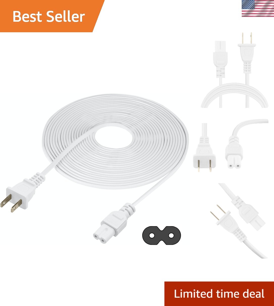25-Foot Long 2-Prong AC Power Cable for Easy Connectivity with Electronics