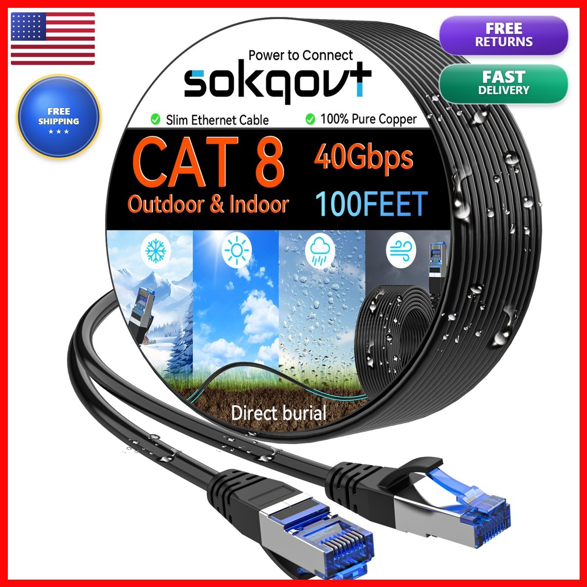 Sokqovt Cat 8 Ethernet Cable 100ft Black Outdoor Waterproof Direct Burial