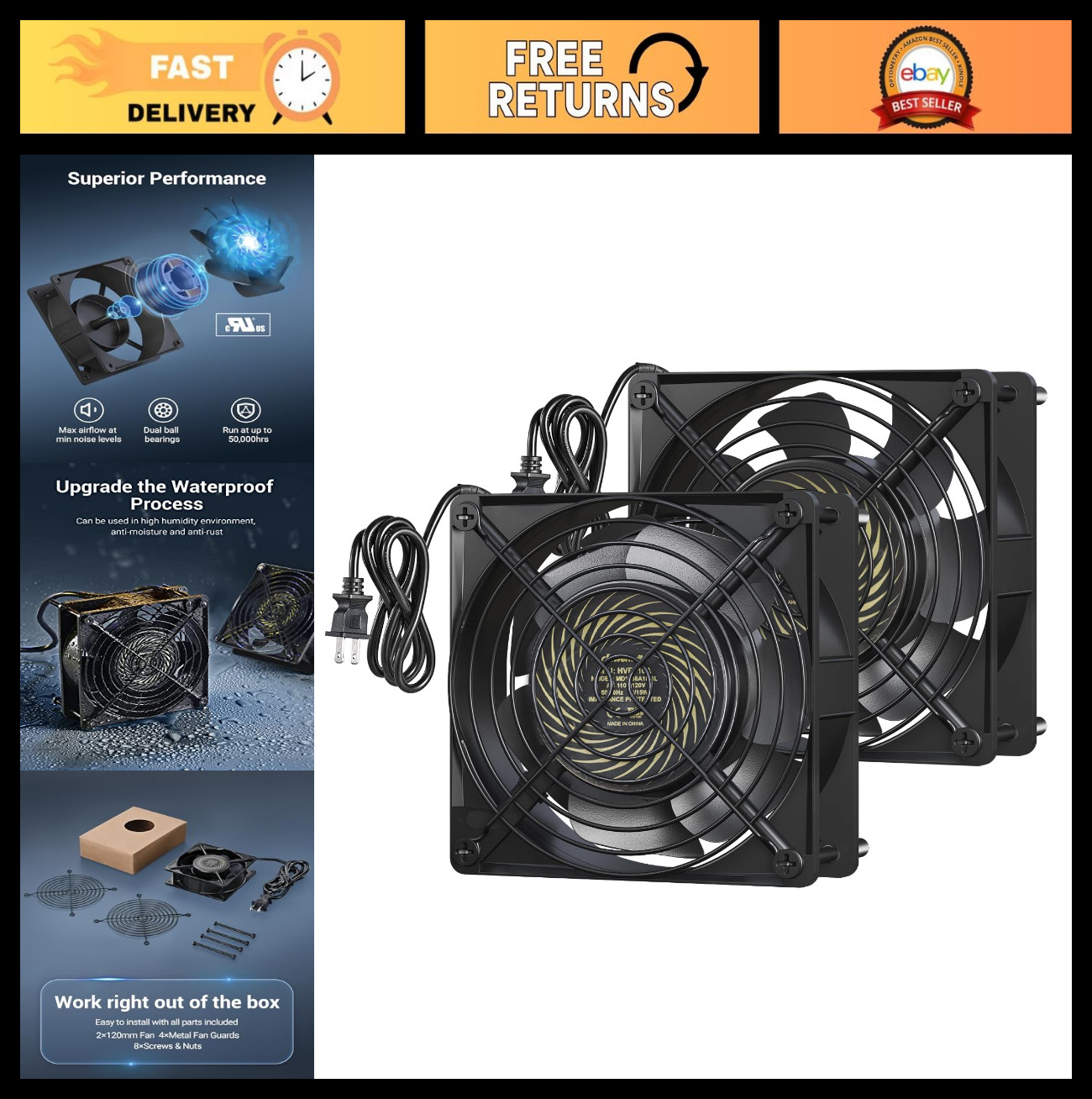 2 Pack Waterproof 120V AC Exhaust Fan - 120mm, 18W, 2850RPM, 90CFM, Quiet Coolin
