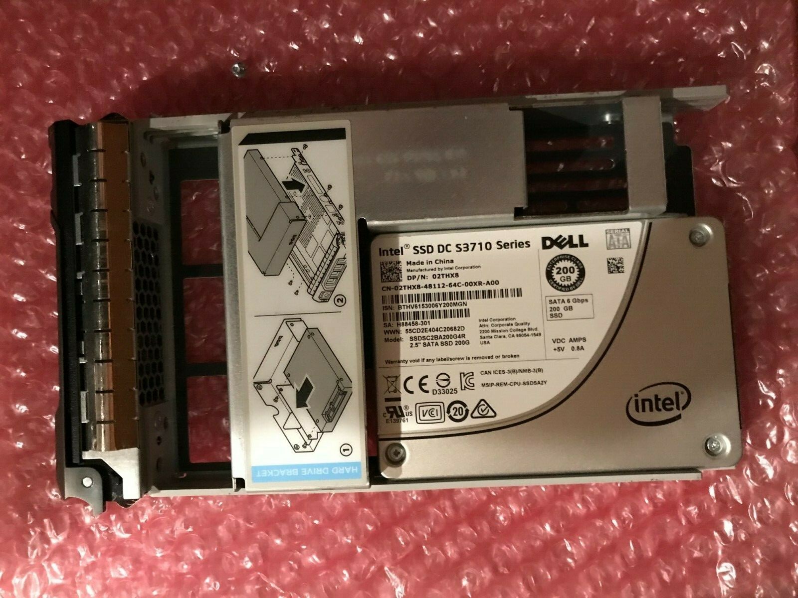 2THX8 DELL INTEL S3710 200GB SSD SATA 6GB/s 3.5" SSD SSDSC2BA200G4R 02THX8 R530