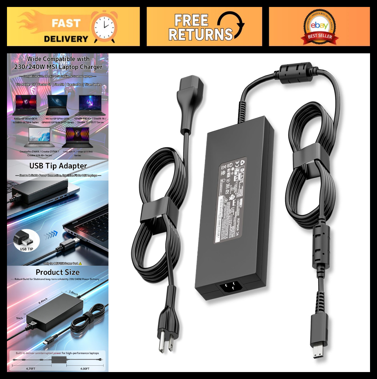 230W 240W USB Tip Charger for MSI Laptops - AC Adapter Power Supply for Raider,