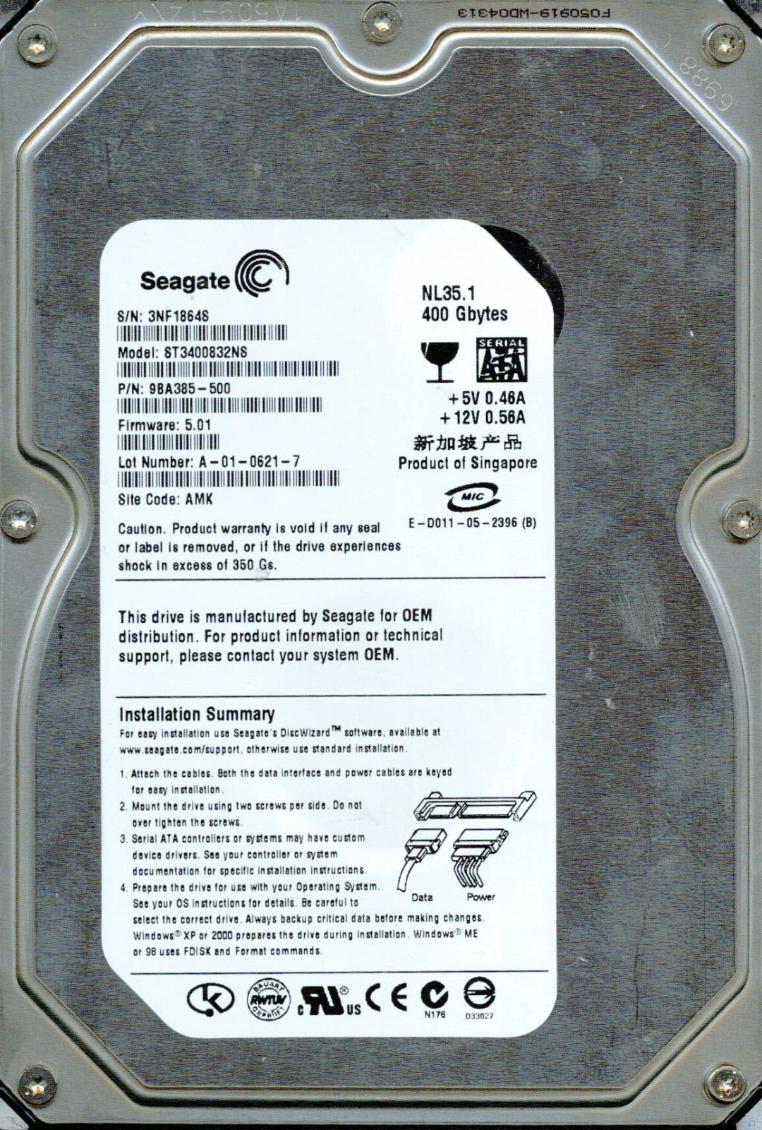 SEAGATE IDE 400GB ST3400832NS,  9BA385-500,   5.01   AMK,  3NF1